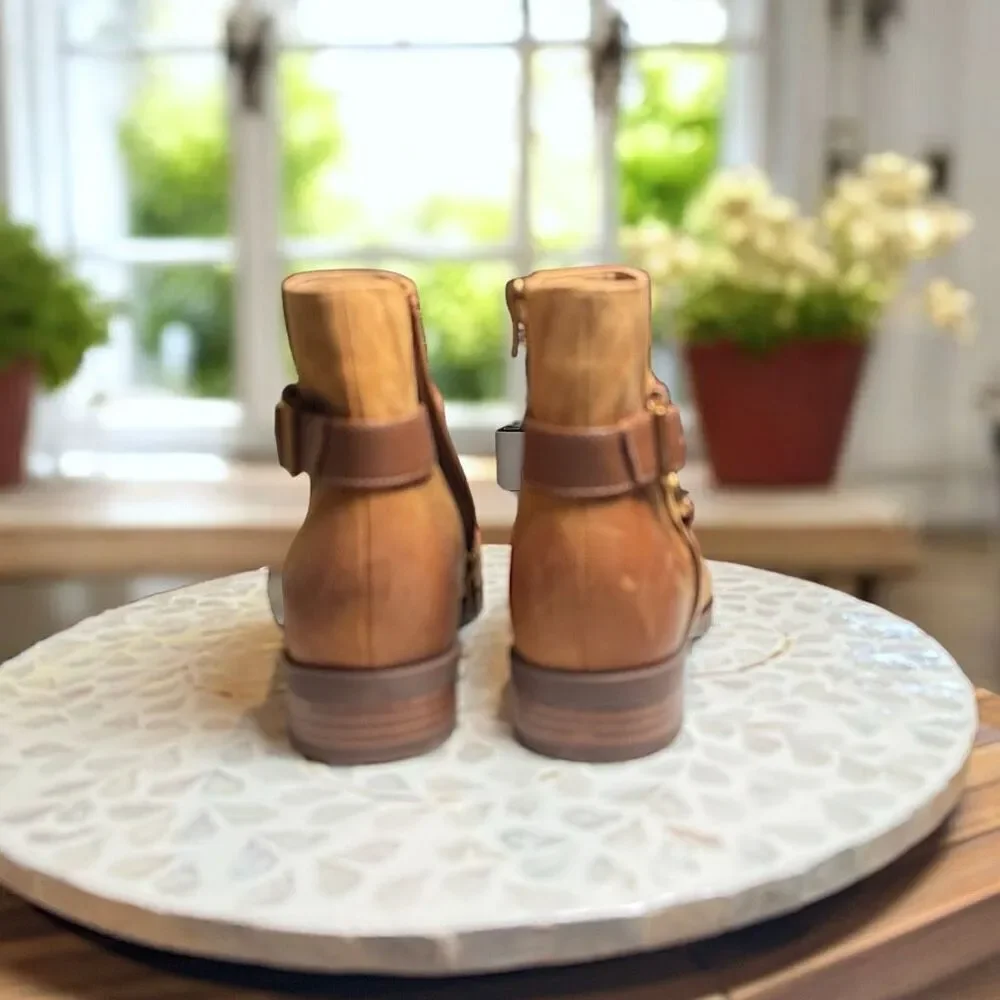 Vionic $190 Rhiannon Equestrian Ankle Boots Cognac Nubuck Leather Buckle Detail